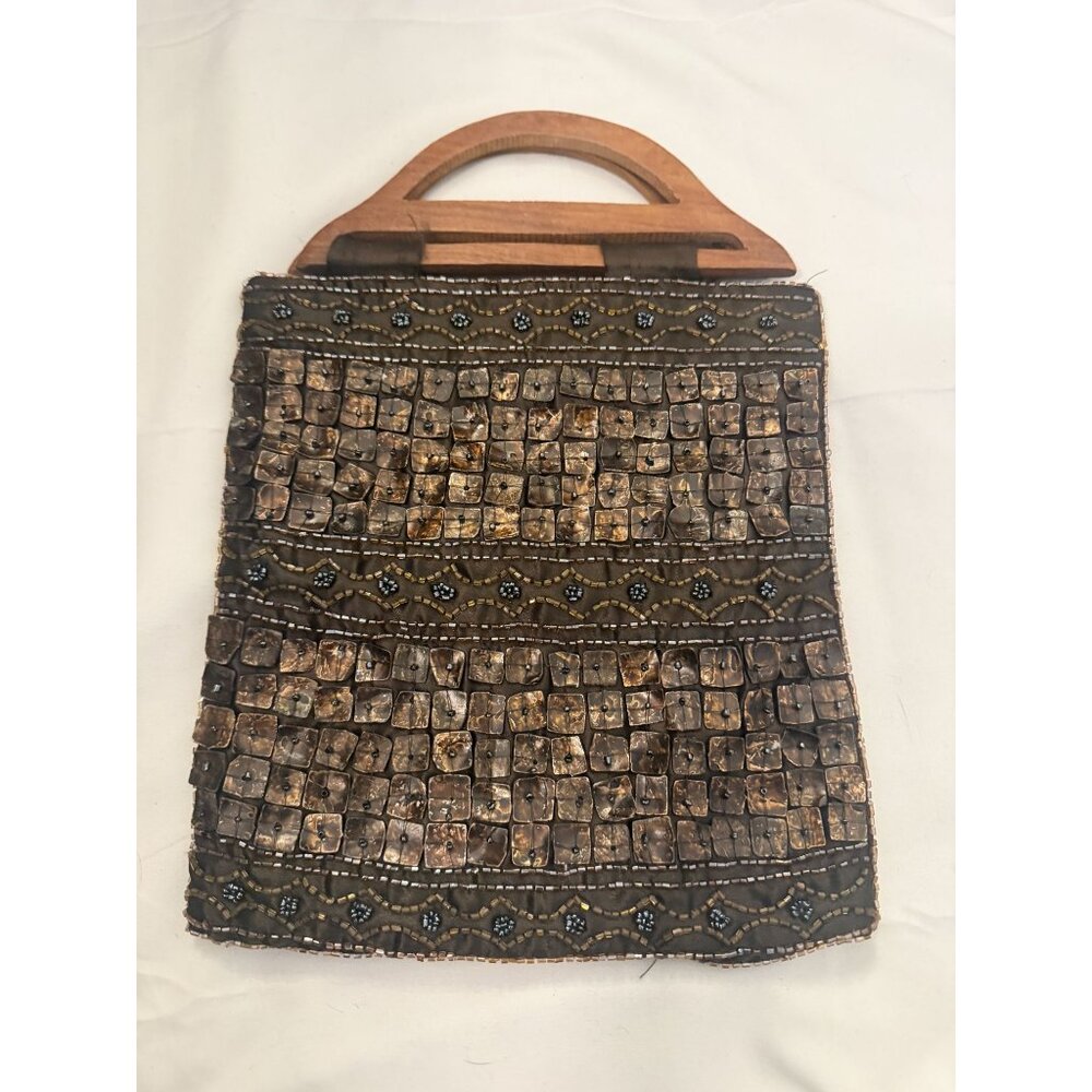 Vintage K & K Table Tops Purse Bag with Beads Shells Wood Handles-AS IS